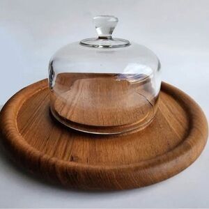 1970s Teak Wood Cheese Board With Glass Dome Cloche Set